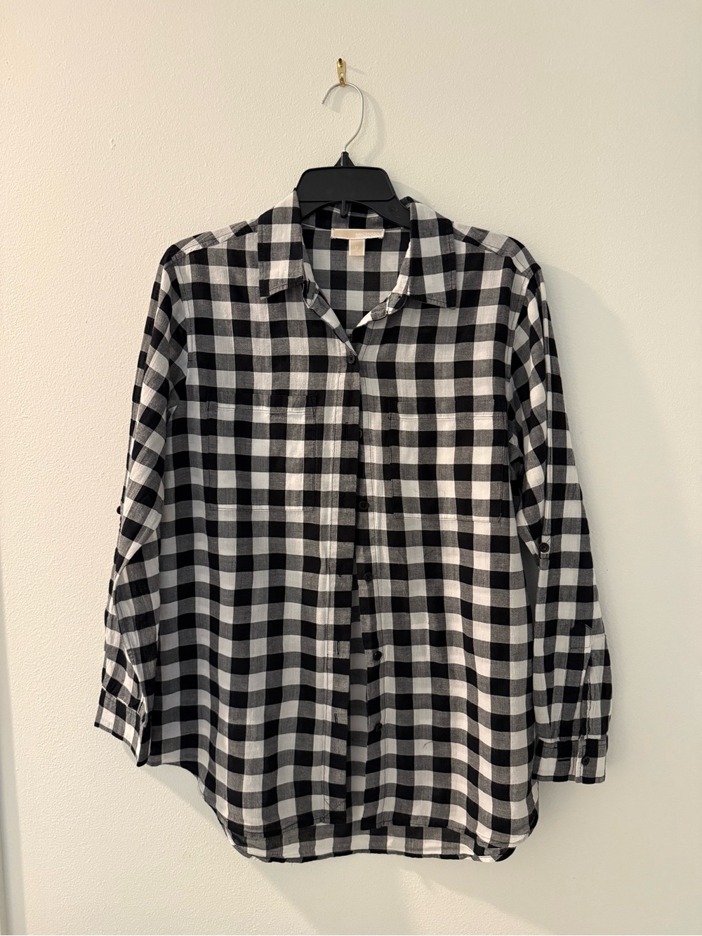 Michael Kors Black and White Check Plaid Button-Down Shirt